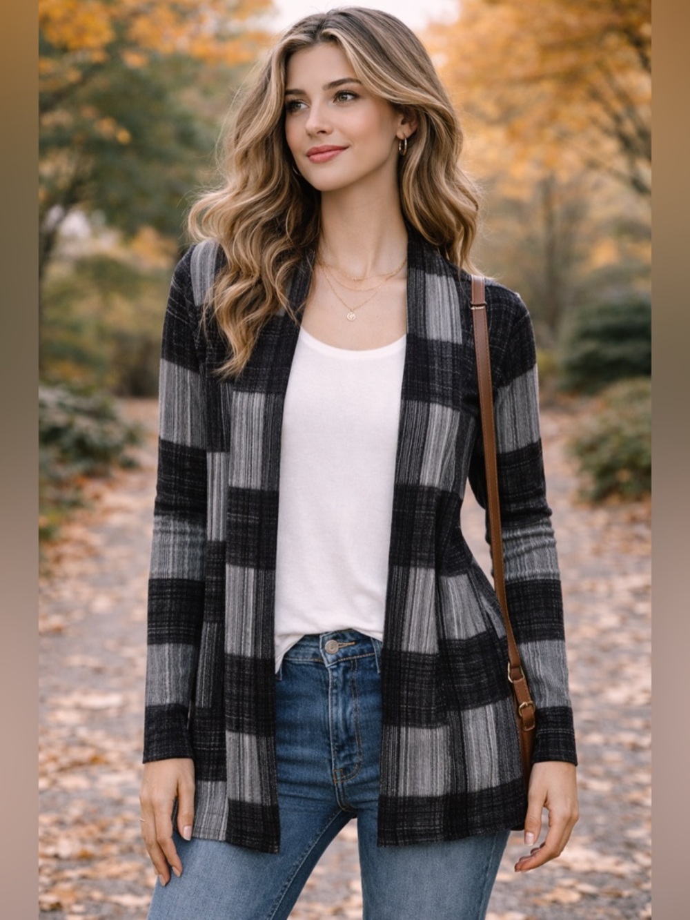 Robert Kitchen Plaid Open Front Cardigan Gray